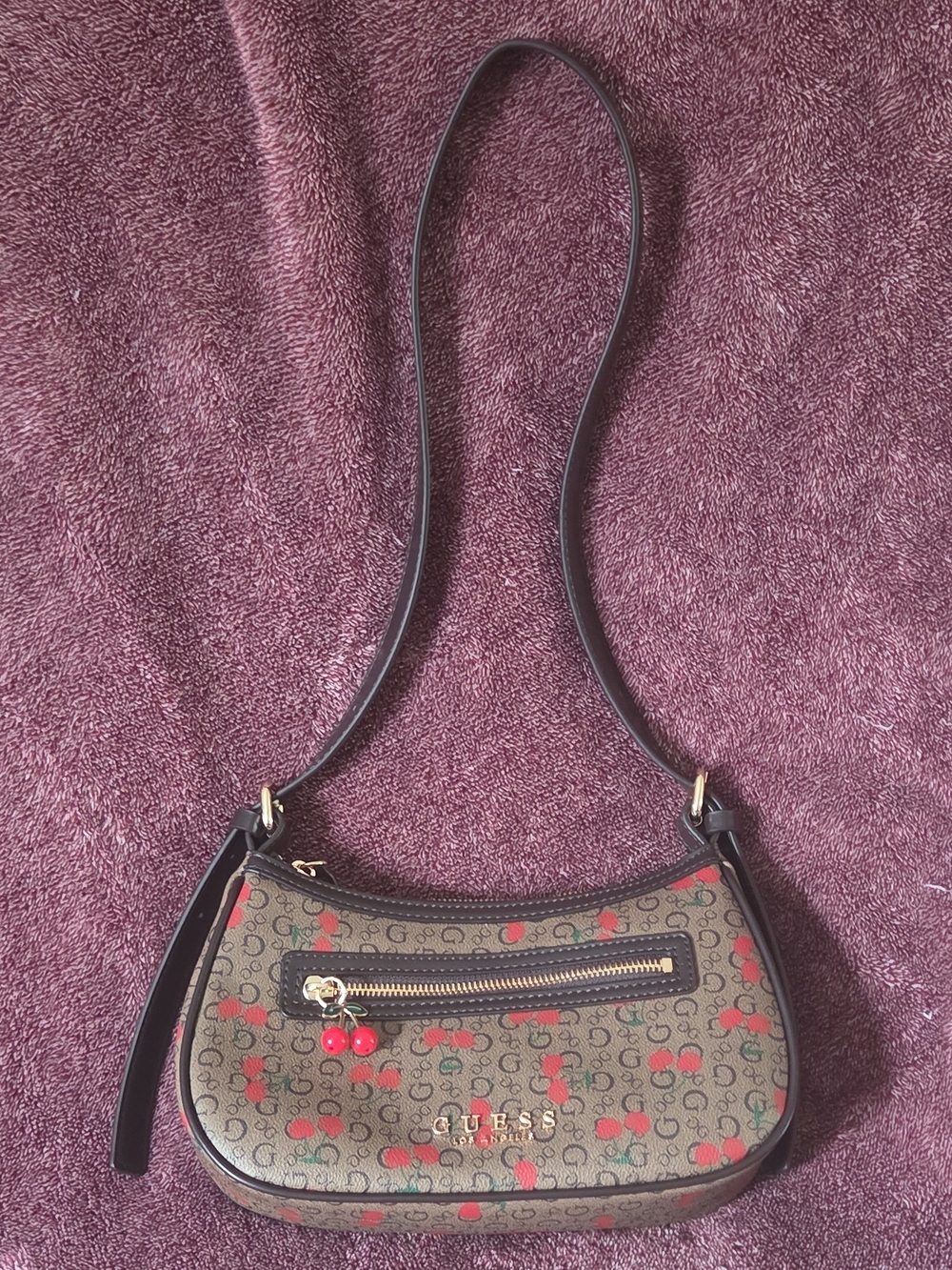 Guess Cherry-Print Brown Shoulder Bag with Gold Hardware